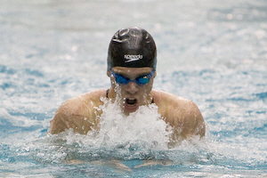Georgia Tech junior Gal Nevo swims the breastroke leg on his way to winning the 200 individual medley in an ACC conference record 1:43.34.