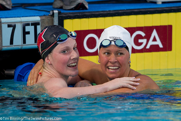 Elizabeth Beisel of Bluefish Swim club and Missy Franklin of the Colorado Stars following a 1-2 finish in the 200 backstroke at the 2010 USA Swimming Nationals
