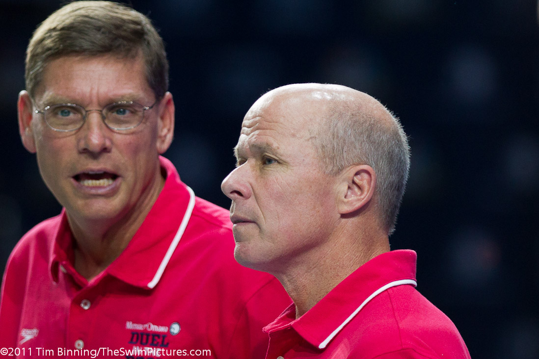 Team USA coach Jack Bauerle (r) and Assistant Coach Bill Wadley (L) at the 2011 Mutual of Omaha Duel in the Pool held December 16 and 17, 2011 at Georgia Tech University in Atlanta, Georgia.