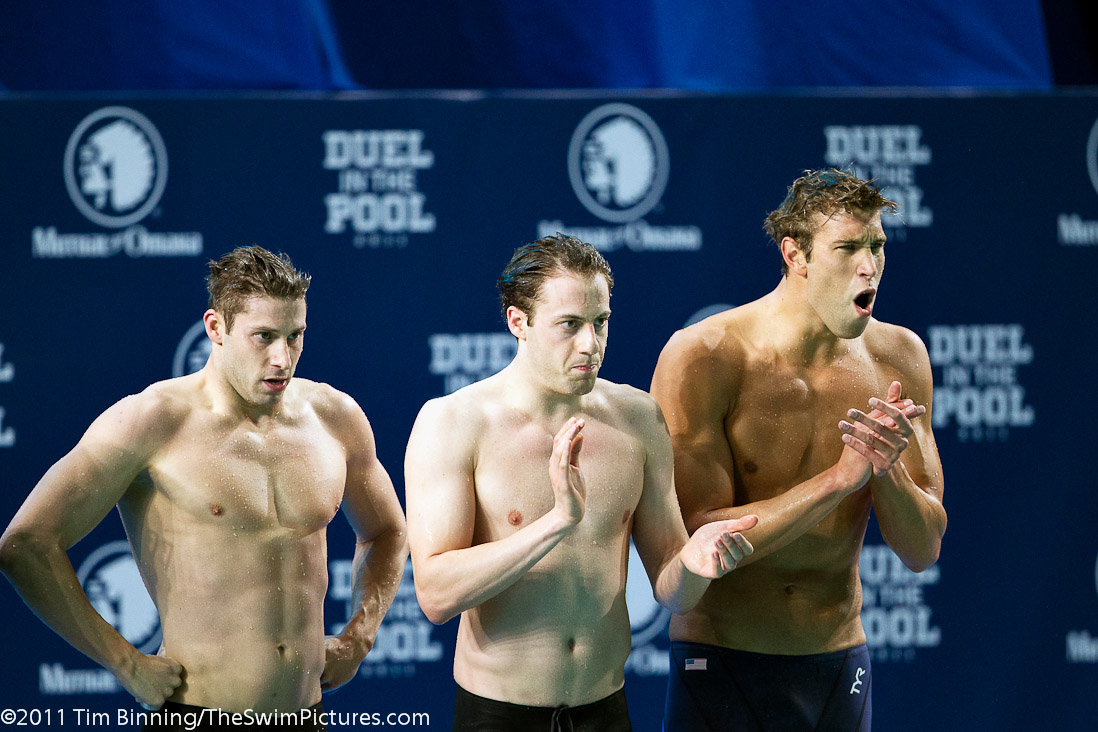 The USA team of Nick Brunelli, Garrett Weber-Gale, Matt Grevers and Ricky Berens wins the 4x100m Freestyle at the 2011 Mutual of Omaha Duel in the Pool held December 16 and 17, 2011 at Georgia Tech University in Atlanta, Georgia.