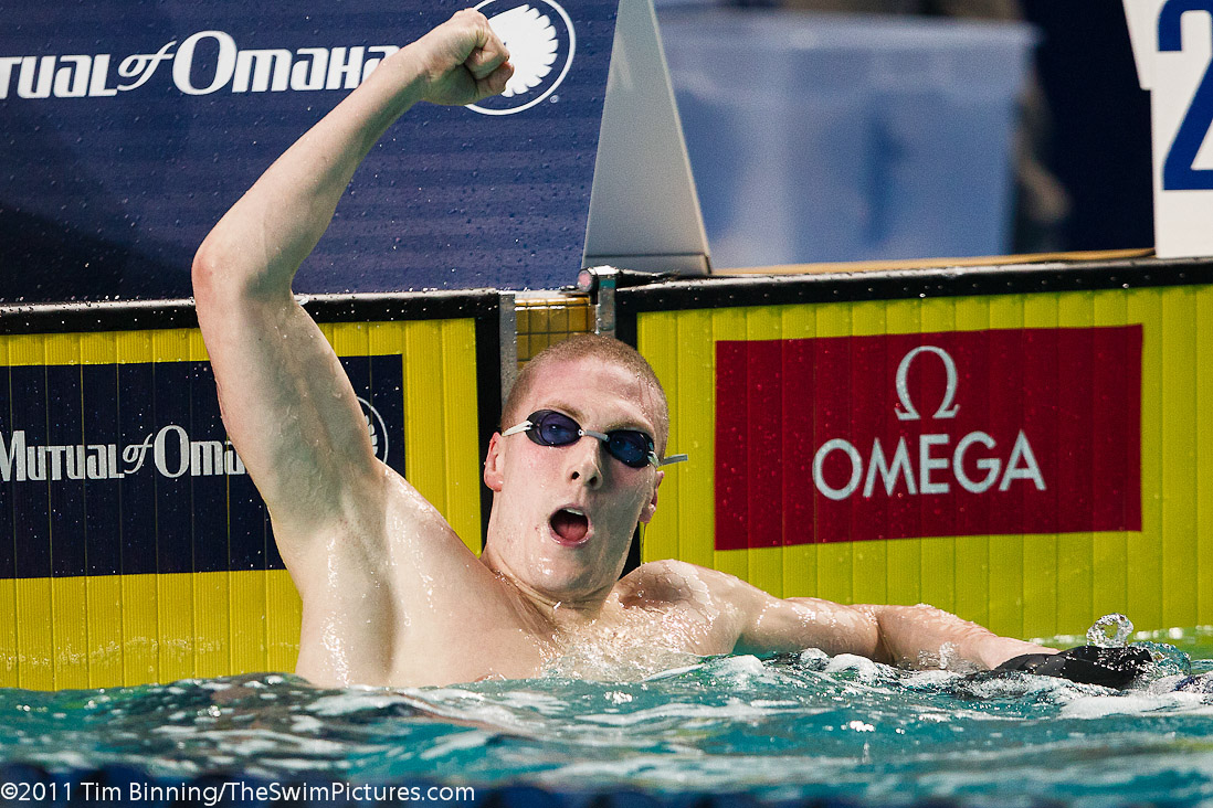 Pal  Joensen  of Faroe Islands celebrates victory in the 800m Freestyle at the 2011 Mutual of Omaha Duel in the Pool held December 16 and 17, 2011 at Georgia Tech University in Atlanta, Georgia.