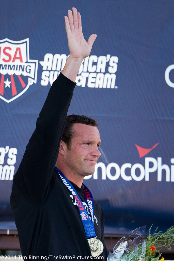 Brendan Hansen of Longhorn Aquatics wins the 100 breaststroke at the 2011 ConocoPhillips USA Swimming National Championships