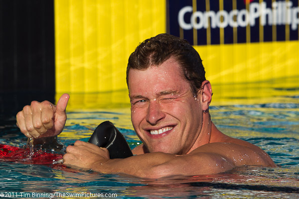 Peter Vanderkaay of Oakland Live Y'e celebrates victory in the 200 free at the 2011 ConocoPhillips USA Swimming National Championships