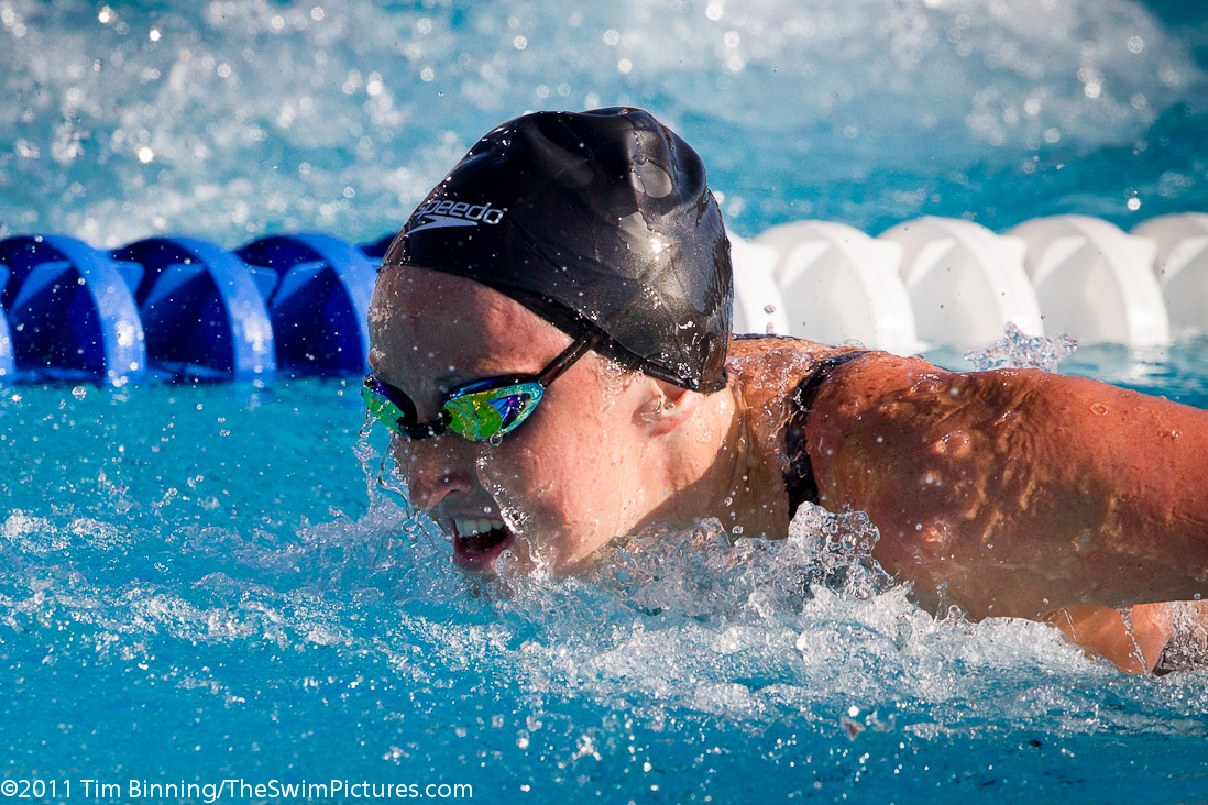 Claire Donahue of Western Kentucky University swims in the 100 fly championship final at the 2011 ConocoPhillips USA Swimming National Championships.  Donahue placed second in 58.05.