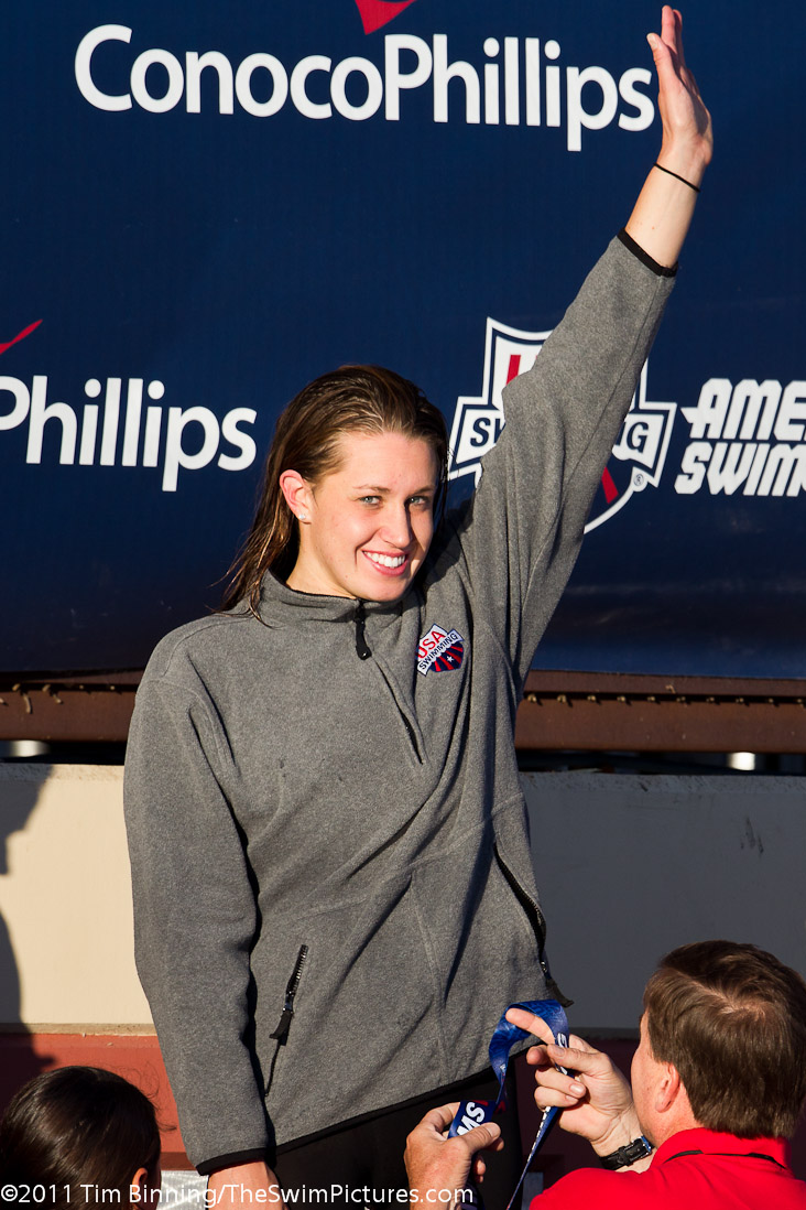 Katie Hoff of FAST Swim Team on the medal stand following a second place finish in the 200 IM (2:11.26) at the 2011 ConocoPhillips USA Swimming National Championships.