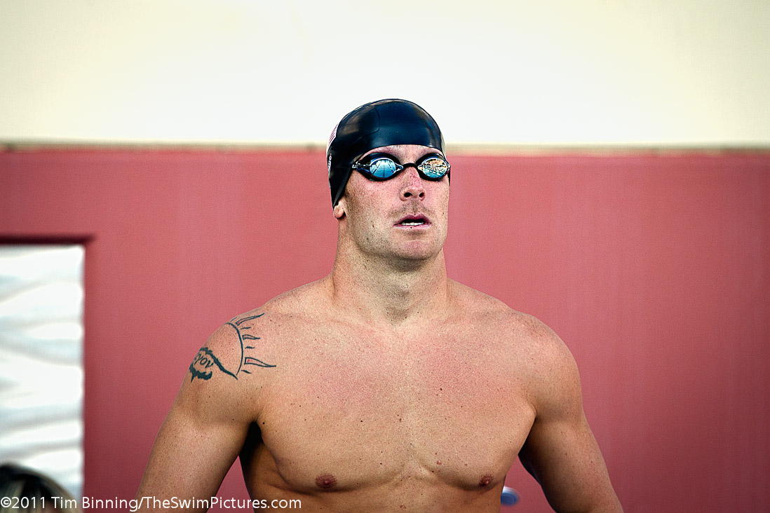 Ed Moses of Trojan Swim Club prepares to start the 100 breast B final at the 2011 ConocoPhillips USA Swimming National Championships.