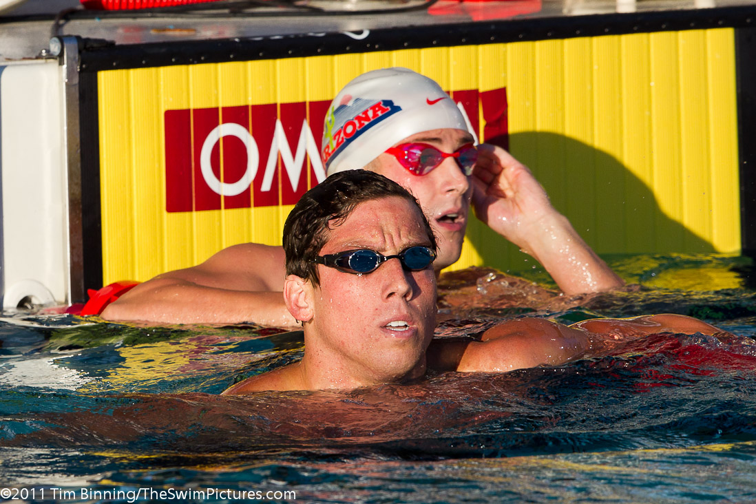 Clark Burckle of Tucson Ford Dealers Aquatics checks the clock after winn the 100 breast B final at the 2011 ConocoPhillips USA Swimming National Championships.
