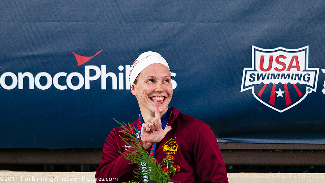 Ashley Steenvoorden of Minnesota Aquatics on the medal stand following her victory in the 400 freestyle (4:07.63) at the 2011 ConocoPhillips USA Swimming National Championships.