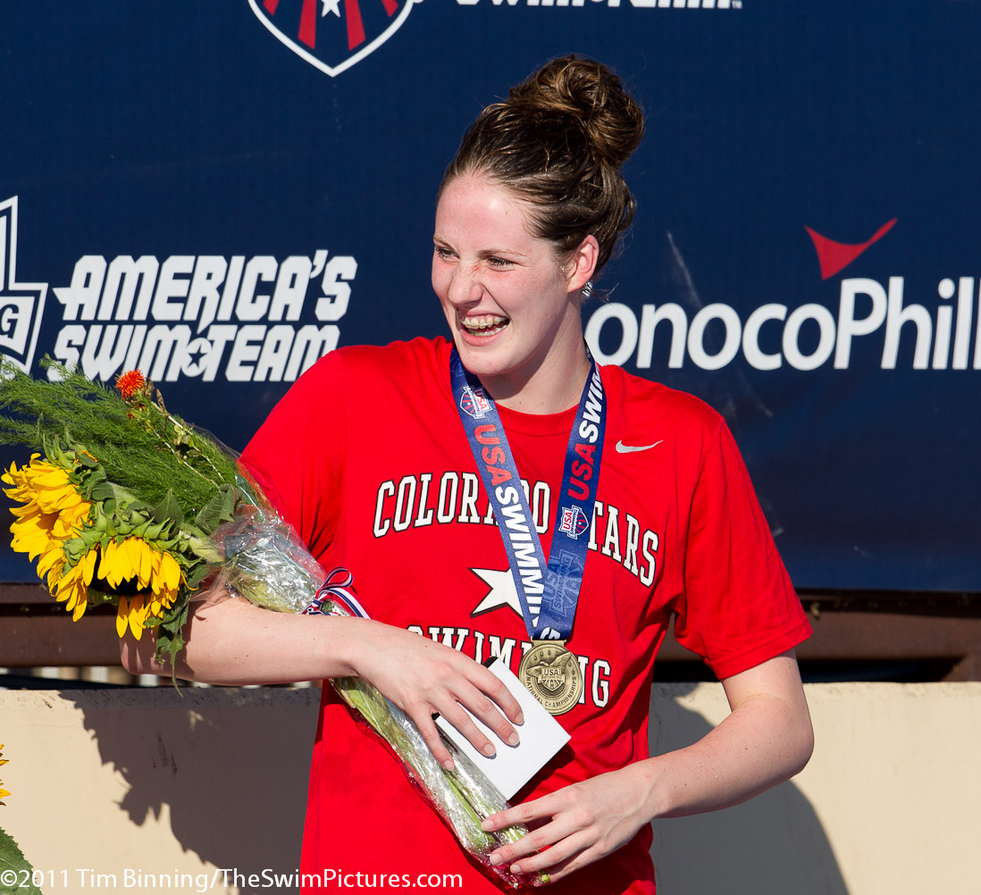 Missy Franklin of the Colorado Stars on the medal stand following her victory in the 100 back at the 2011 ConocoPhillips USA Swimming National Championships.