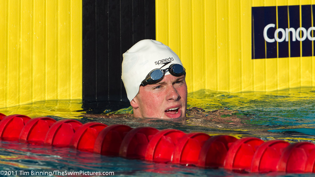 John Conger of Rockville Montgomery wins the 100 back C final in 55.02 at the 2011 ConocoPhillips USA Swimming National Championships.