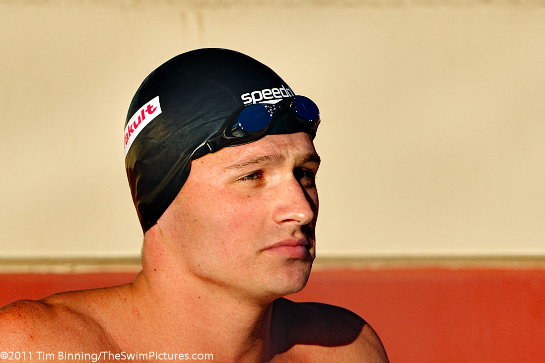 Ryan Lochte of Daytona Beach Swim Club prepares for the start of the 100 back championship final at the 2011 ConocoPhillips USA Swimming National Championships.