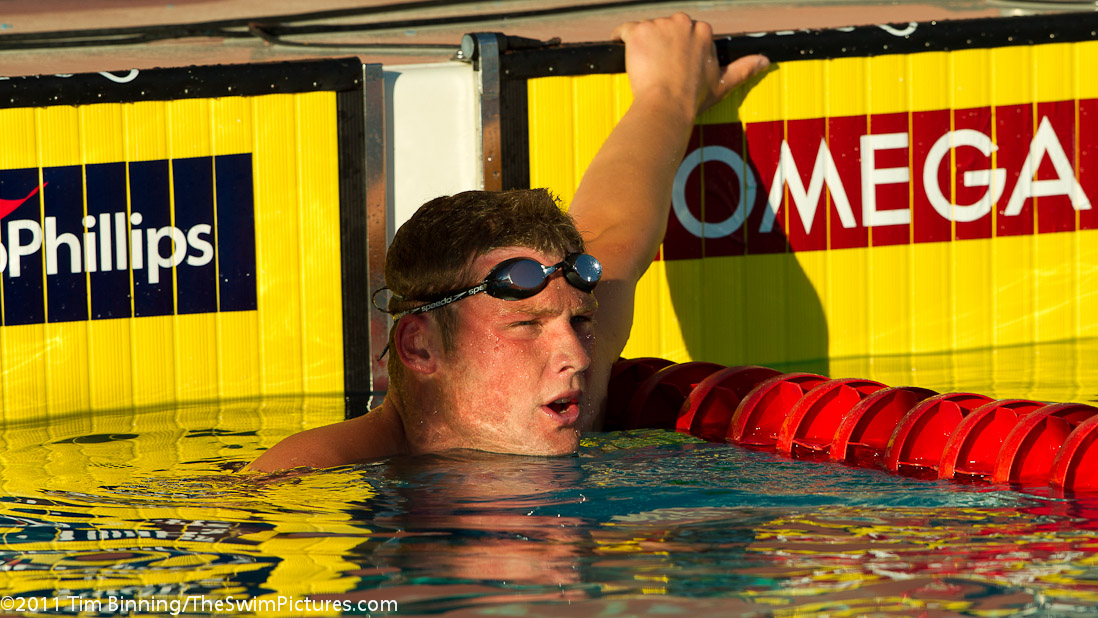 David Russell of Cal Aquatics following a 54.44, sixth place finish in the 100 back championship final at the 2011 ConocoPhillips USA Swimming National Championships.