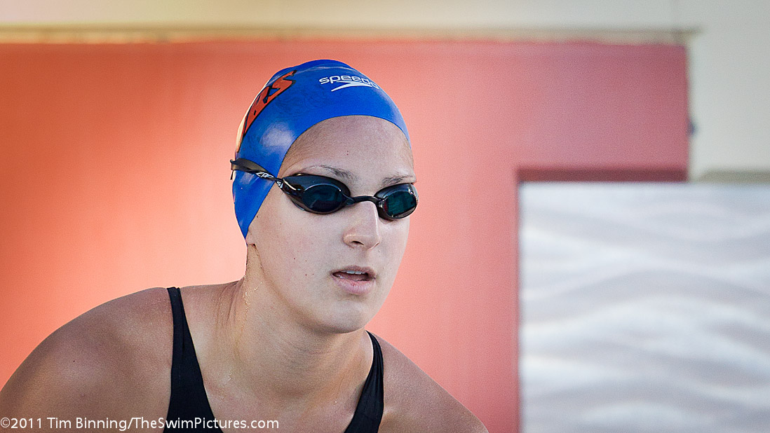 Jamie Bohunicky of Gator Swim Club and the University of Florida prepares for the start of the 200 free championship final at the 2011 ConocoPhillips USA Swimming National Championships.