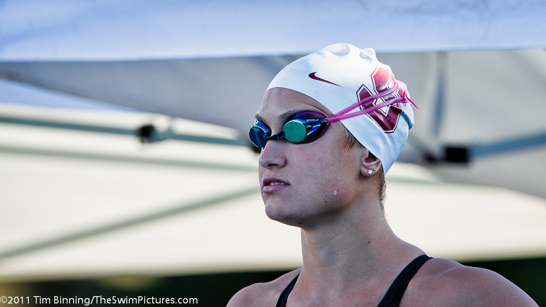 Samantha Woodward of Stanford Swimming prepares to start the 50 free championship final at the 2011 ConocoPhillips USA Swimming National Championships.