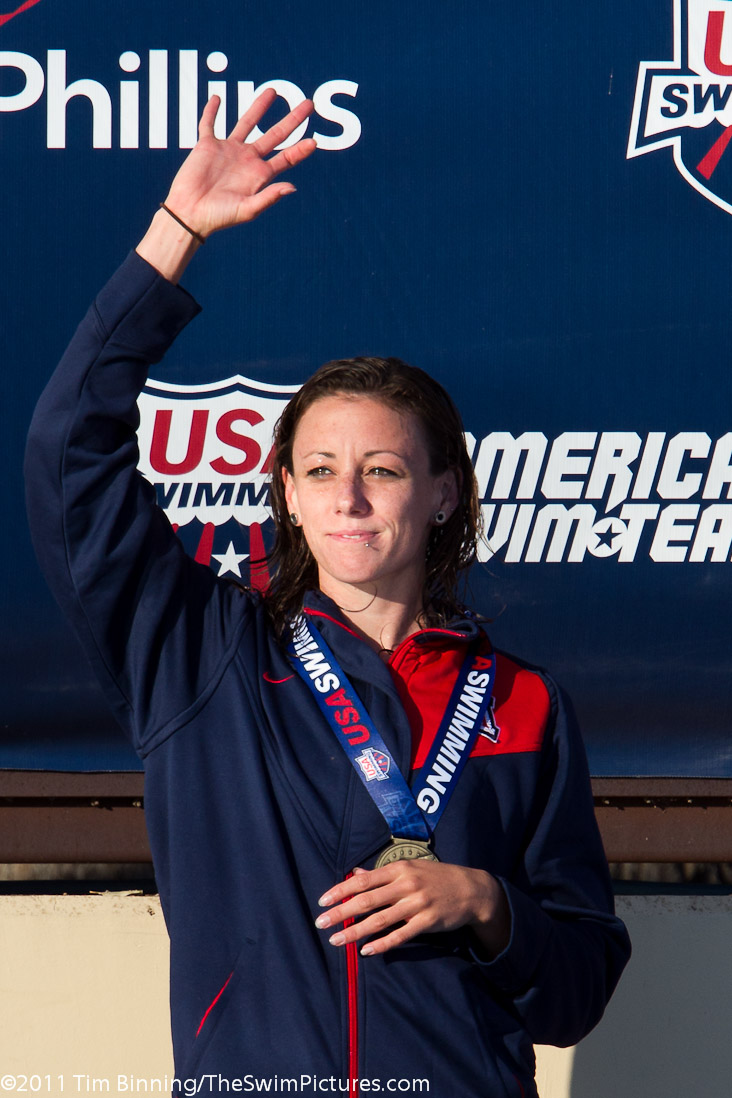 Lara Jackson of Tucson Ford Dealers Aquatics on the medal stand after winning the 50 free (24.98) at the 2011 ConocoPhillips USA Swimming National Championships.