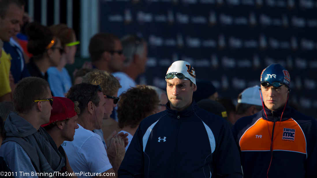 Bryan Lundquist of Stingrays-GA and Auburn marches to the starting blocks for the 50 free championship final at the 2011 ConocoPhillips USA Swimming National Championships.