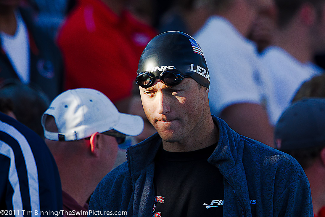 Jason Lezak of Rose Bowl Aquatics makes his way to the starting blocks for the 50 free championship final at the 2011 ConocoPhillips USA Swimming National Championships.  Lezak took fifth place in 22.33.