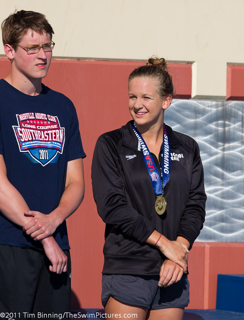 Andrea Kropp of Rattler Swim Club accepts an 18 & under championship medal at the 2011 ConocoPhillips USA Swimming National Championships.