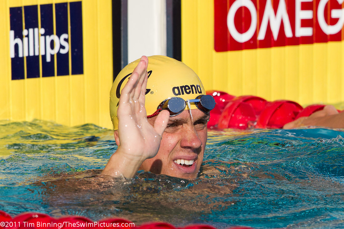Tom Shields of Cal Aquatics wins the100 free B final in 49.77 at the 2011 ConocoPhillips USA Swimming National Championships.