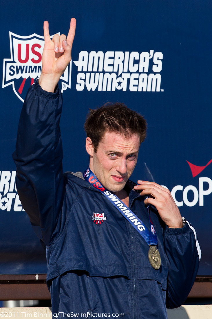 Garrett Weber-Gale of Longhorn Aquatics  on the medal stand following his 48.87 victory in the 100 free at the 2011 ConocoPhillips USA Swimming National Championships.