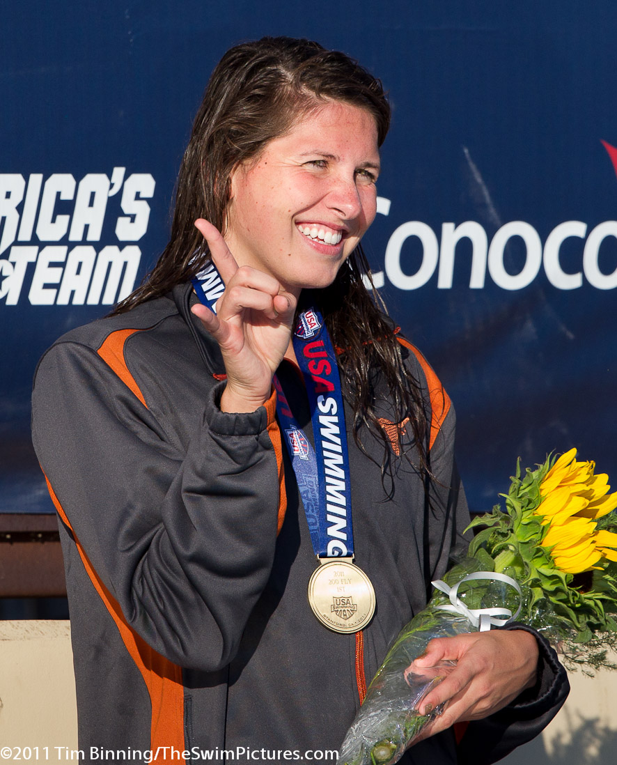 Kathleen Hersey of Longhorn Aquatics on the medal stand following her win in the 200 fly (2:07.61) at the 2011 ConocoPhillips USA Swimming National Championships.