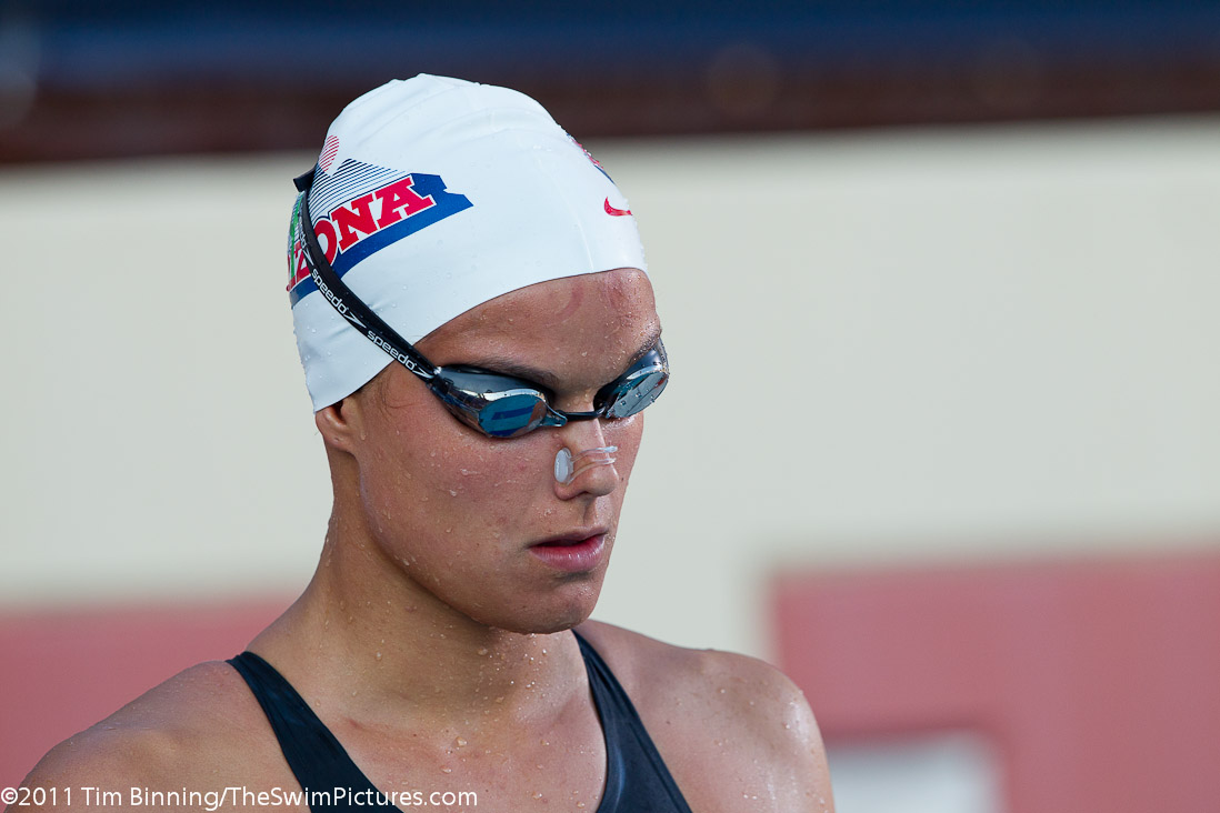 Sarah Denninghoff of Tucson Ford Dealers Aquatics prepares for the start of the 200 back B final at the 2011 ConocoPhillips USA Swimming National Championships.