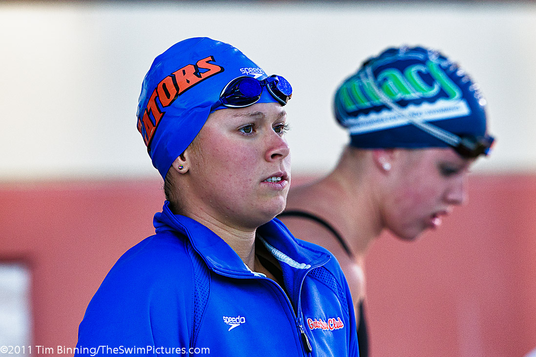 Elizabeth Beisel of Bluefish Swim Club and the University of Florida prepare for the start of the 200 back final at the 2011 ConocoPhillips National Championships