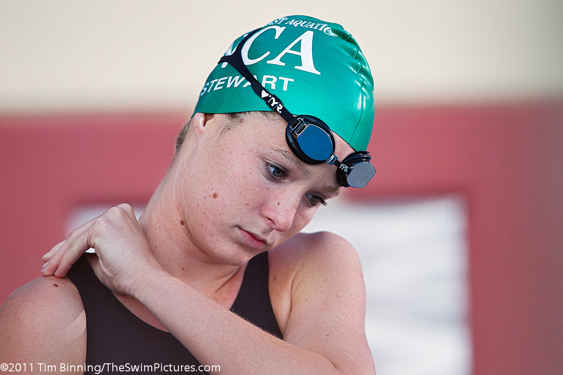 Kendyl Stewart, 16, of North Coast Aquatics prepares for the start of the 200 back championship final at the 2011 ConocoPhillips USA Swimming National Championships.