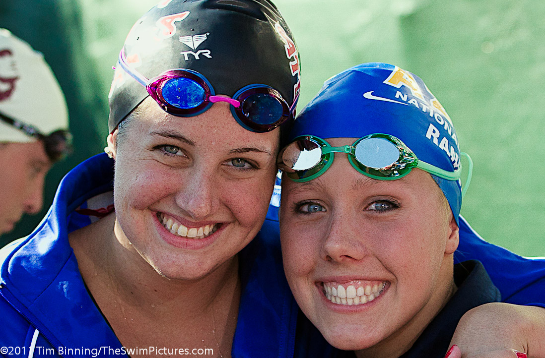 Amber McDermott of SwimAtlanta (L) and Megan Rankin of Aquazot Swim Club (R) before the start of the 800 free final