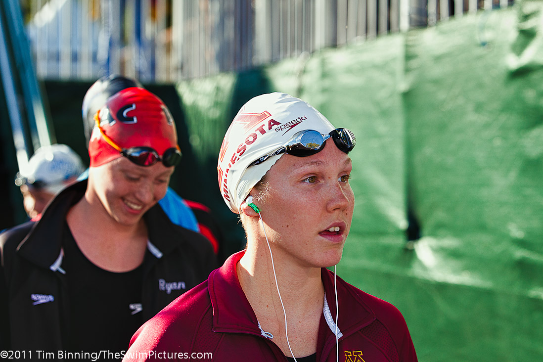 Ashley Steenvoorden of Minnesota Aquatics walks to the starting blocks for the 800 free final at the 2011 ConocoPhillips USA Swimming National Championships.