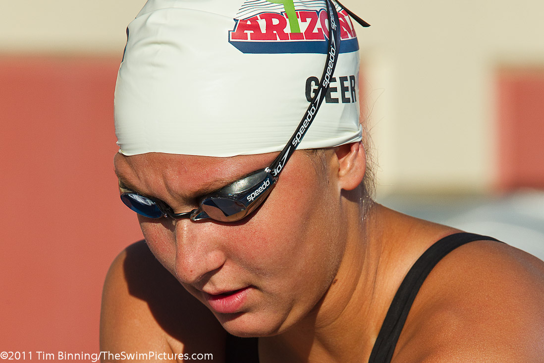 Margo Geer of Tucson Ford Dealers Aquatics before the start of the 100 free championship final at the 2011 ConocoPhillips USA Swimming National Championships.