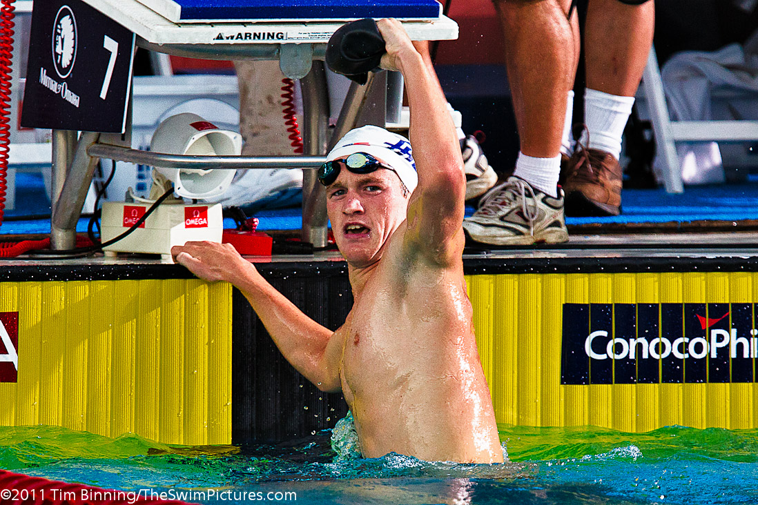 Andrew Gemmell of Delaware Swim Team celebrates victory in the 1500 free (15:01.31) at the 2011 ConocoPhillips USA Swimming National Championships.