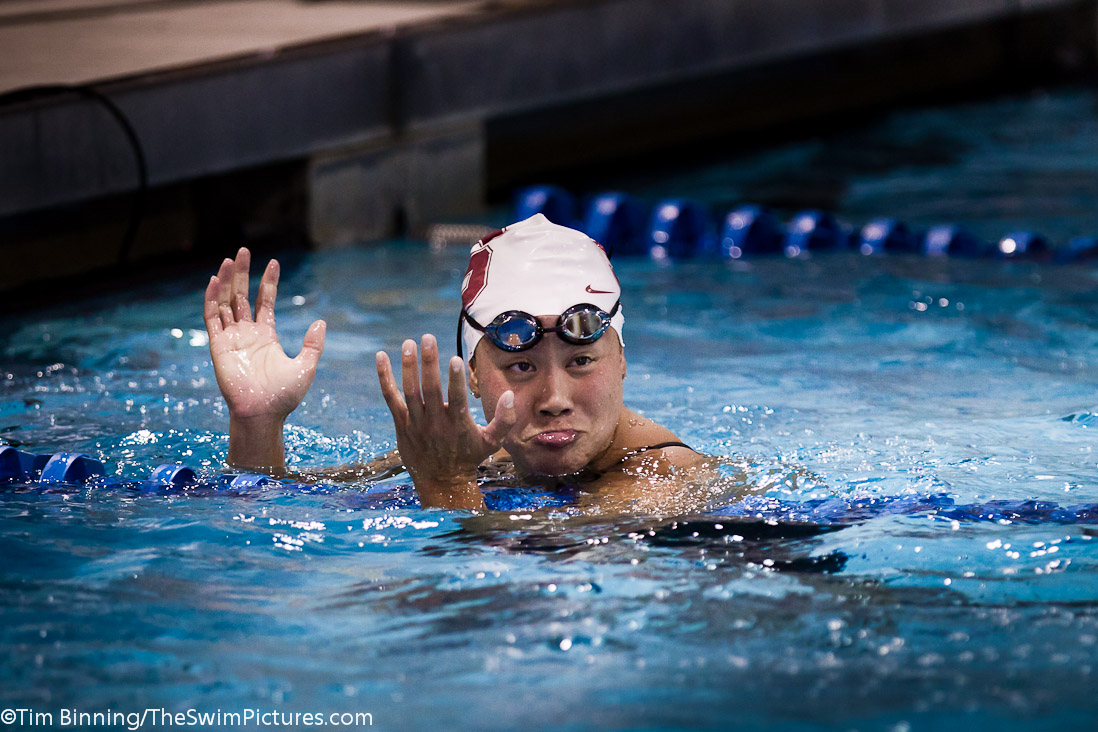 Felicia Lee of Stanford Aquatics following her swim in the 100 butterfly