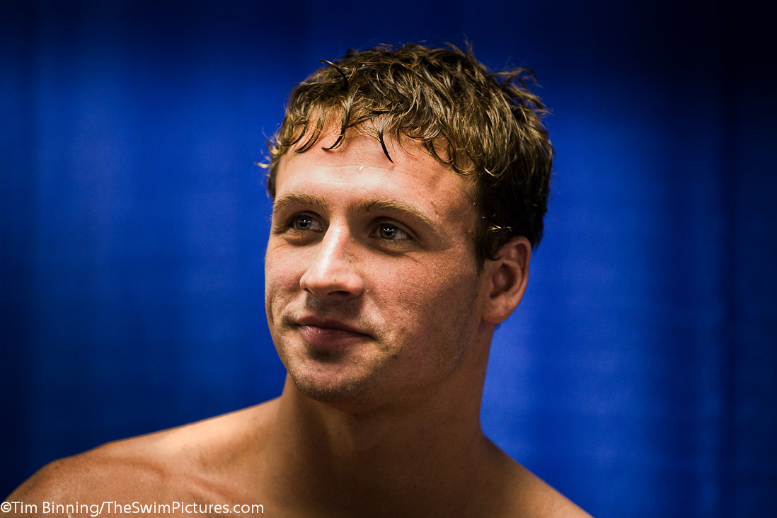 Ryan Lochte of Dayton Beach Speed answers media questions prior to the start fo the Charlotte UltraSwim.