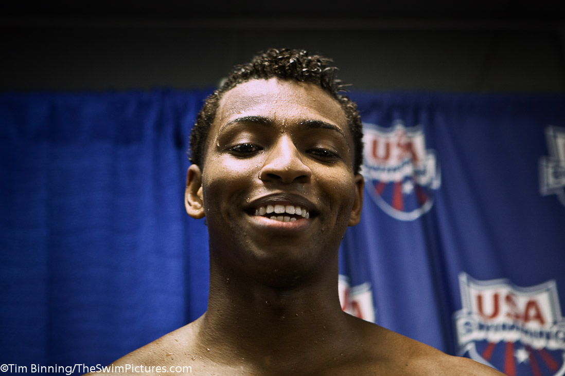 Cullen Jones answers media questions following his win in the 50 free swim-off to determine the final position on the US roster for World Championships later in the year.