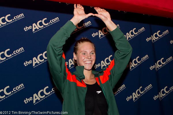50 Free Winner  Kelsi Hall of Miami on the award stand at the 2012 ACC Women's Swimming and Diving Championships