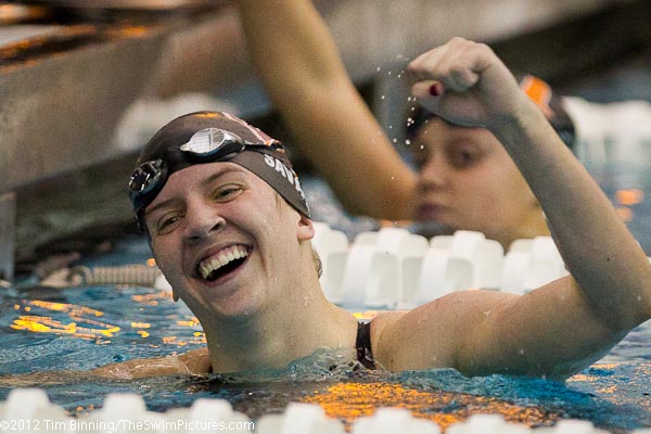Heather Savage of Virginia Tech wins the 100 fly at 2012 Womens Swimming and Diving Championships
