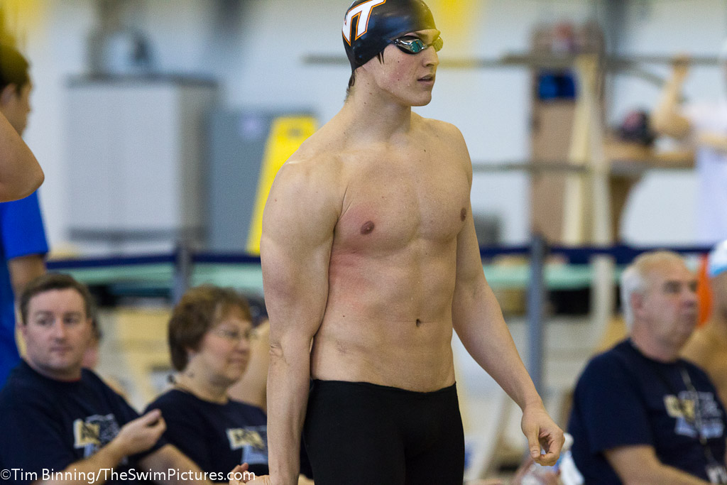 Stephen Hawkins, Virginia Tech after tangling with the false start rope 100 Free Prelims