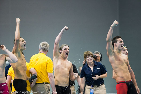 USC 400 free relay swimmers Ralf Tribuntsov, Santo Condorelli and Cristian Qintero celebrate the team's victory at the 2015 NCAA Division I Men's Swimming and Diving Championships held at the University of Iowa.