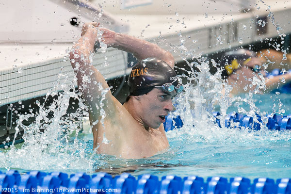 Will Licon, a Texas Sophomore, celebrates his victory in the 400 individual medley at the 2015 NCAA Division I Men's Swimming and Diving Championships held at the University of Iowa.