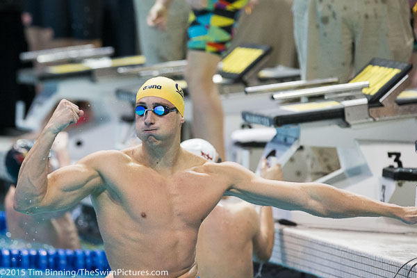 California anchor swimmer Tyler Messerschmidt celebrates  the team's victory in the 200 medley relay at the 2015 NCAA Division I Men's Swimming and Diving Championships held at the University of Iowa.