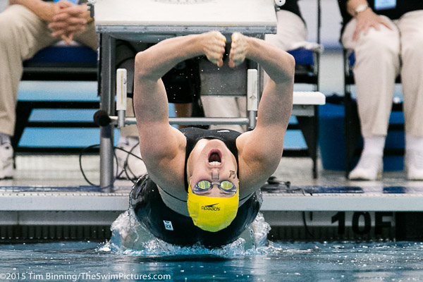 California Sophomore Missy Franklin in her final collegiate competition before turning professional wins her third individual event taking the 200 back in 1:47.91 at the 2015 NCAA Division I Women's Swimming and Diving Championships held at the Greensboro Aquatic Center in Greensboro, North Carolina.