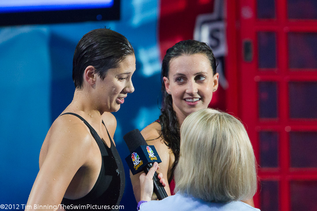 Micah Lawrence of SwimMAC Carolina and Rebecca Soni of Trojan Swim club are interviewed by NBC after capturing the two spots in the 200 breast US Olympic Team.