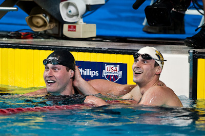 Club Wolverine teamates Peter Vanderkaay and Daniel Madwed go 1-2 in the 400 meter freestyle to qualify for the 2009 World Swimming Championships at the 2009 ConocoPhillips National Swimming Championships and World Championship Trials
