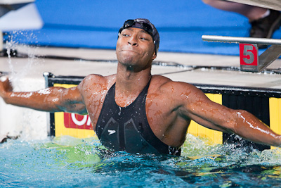 Cullen Jones celebrates a new American record in the 50 free and a berth on the USA FINA World Championship Team after winning a swim-off for the final spot at the 2009 ConocoPhillips USA National Swimming Championships and World Championship Trials