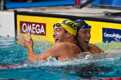 Nathan Adrian of Cal Aquatics celebrates his 50 free victory with Matt Grevers at the 2009 ConocoPhillips USA National Swimming Championships and World Championship Trials