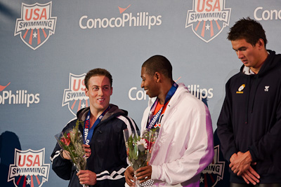 Garrett Weber-Gale and Cullen Jones share the number two spot on the victory stand following a tie in the 50 free at the 2009 ConocoPhillips USA National Swimming Championships and World Championship Trials
