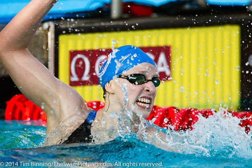 Katie Ledecky of Nation's Capitol Swim Club celebrates after setting a new world record in the 400 free.